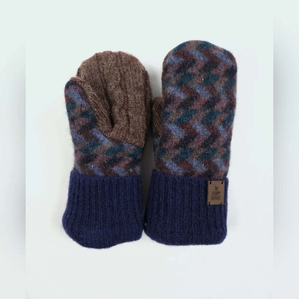 Upcycled Navy Blue and Brown Big Kids Wool Mittens Sherpa Lining Children's